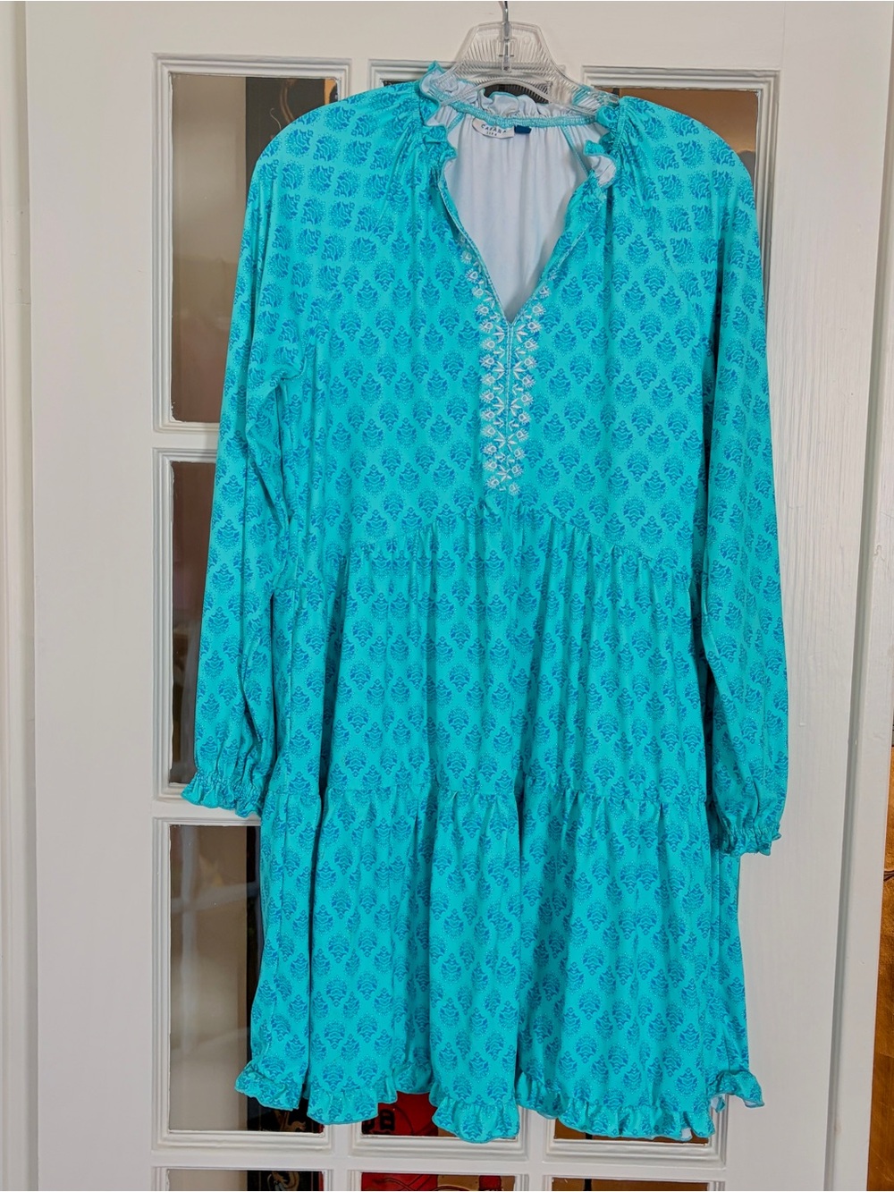 Cabana Life Turquoise Blue Tiered Ruffle Dress SZ M Embroidery Resort no tassels